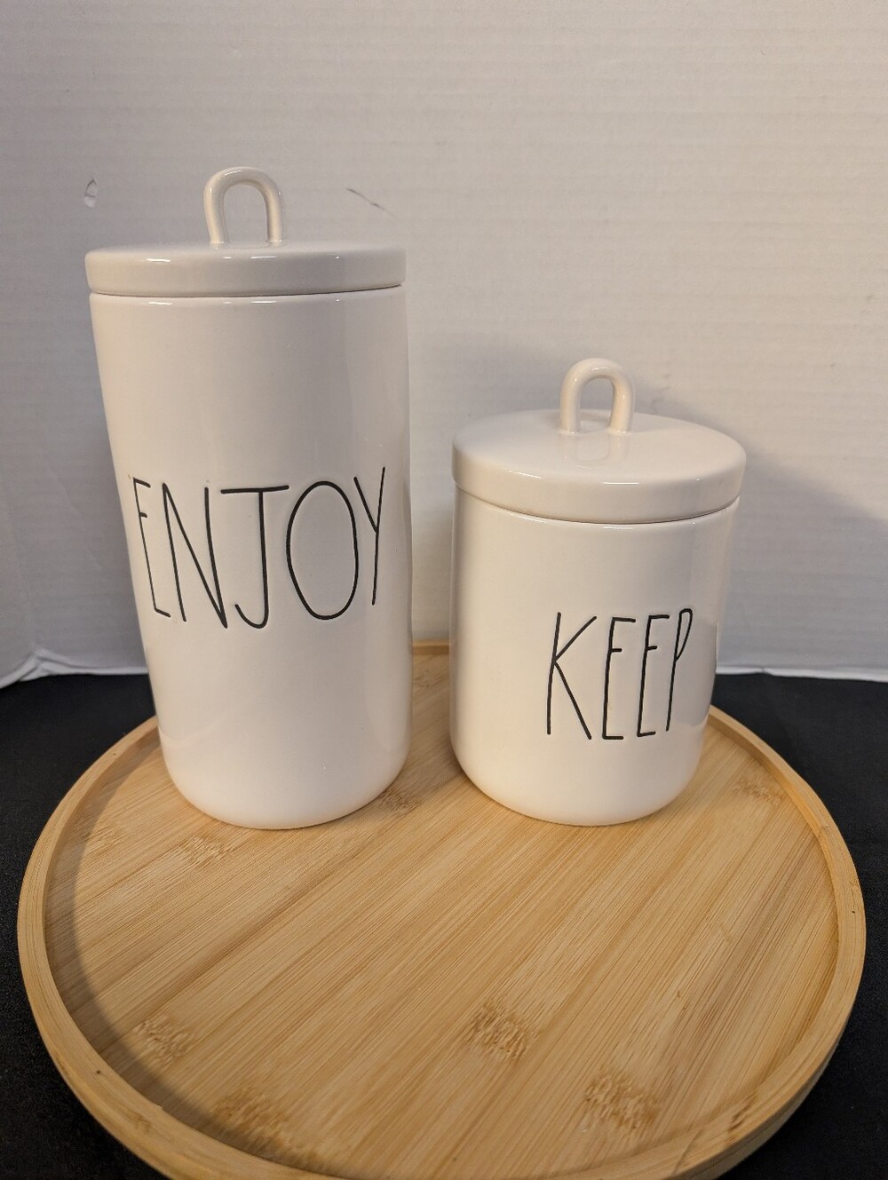 New Rae Dunn “ENJOY” & “KEEP” Canister Set Ivory 2 Pc Set Keepsakes & Trinkets